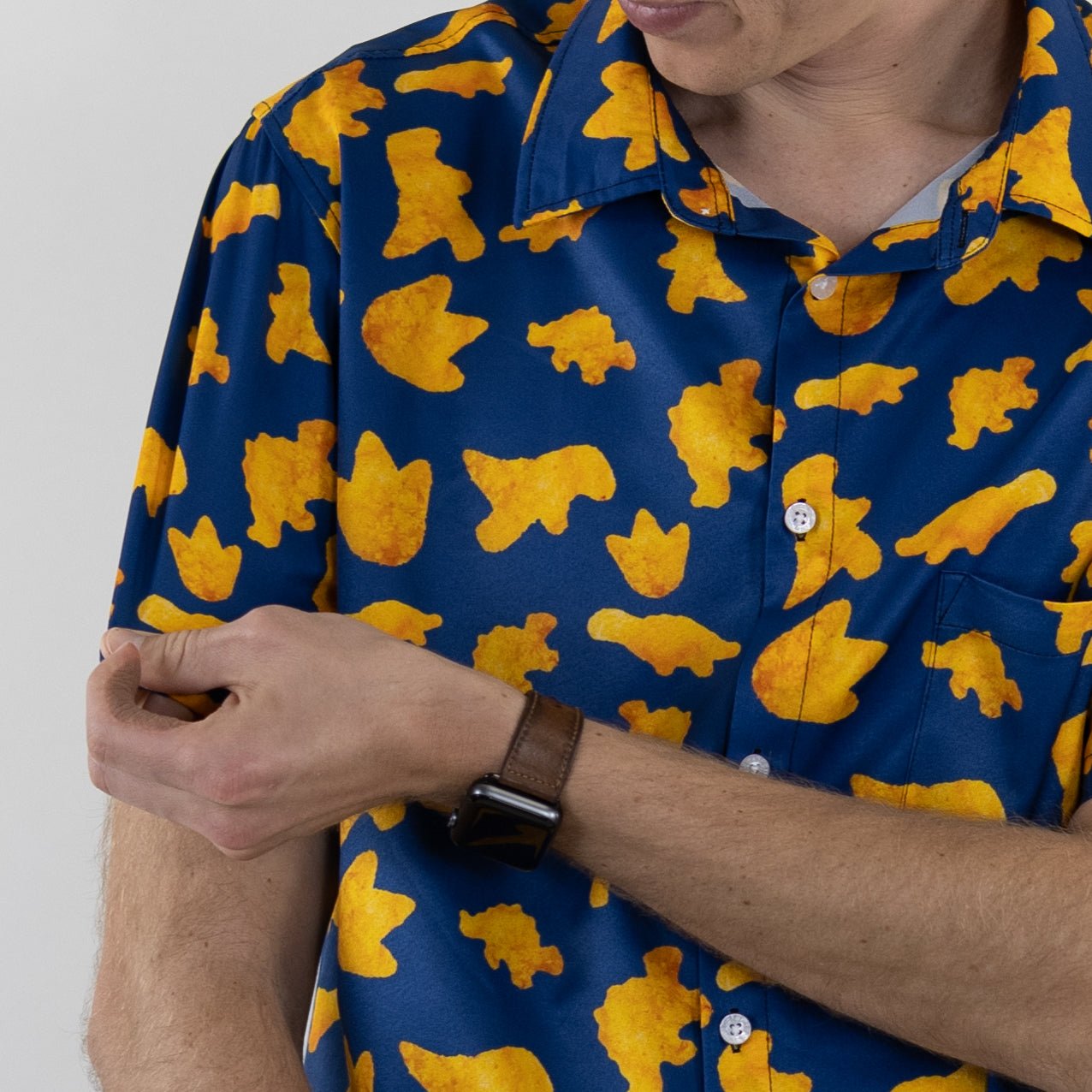 Ready-to-Ship Dinosaur Chicken Nuggets Blue Button Up Shirt - adult sizing - Design by Random Galaxy - dinosaur print