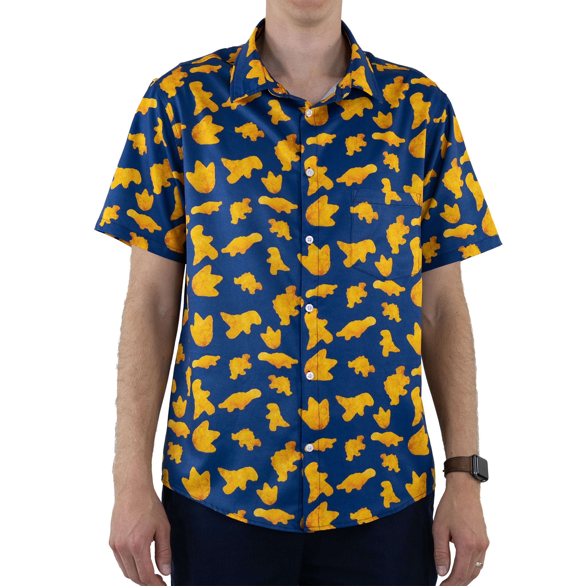 Ready-to-Ship Dinosaur Chicken Nuggets Blue Button Up Shirt - adult sizing - Design by Random Galaxy - dinosaur print