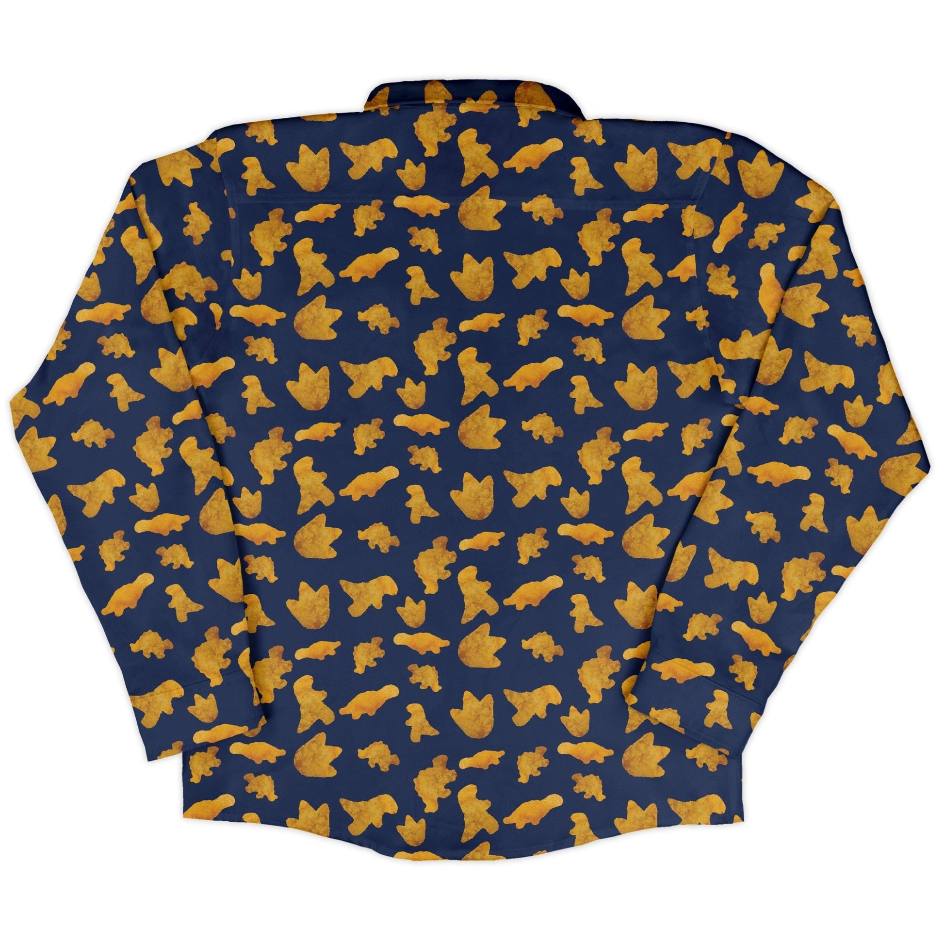 Dinosaur Chicken Nuggets Blue Long Sleeve Button Up Shirt Geek Nerd adult sizing All Adult Button Up Shirts Design by Random Galaxy