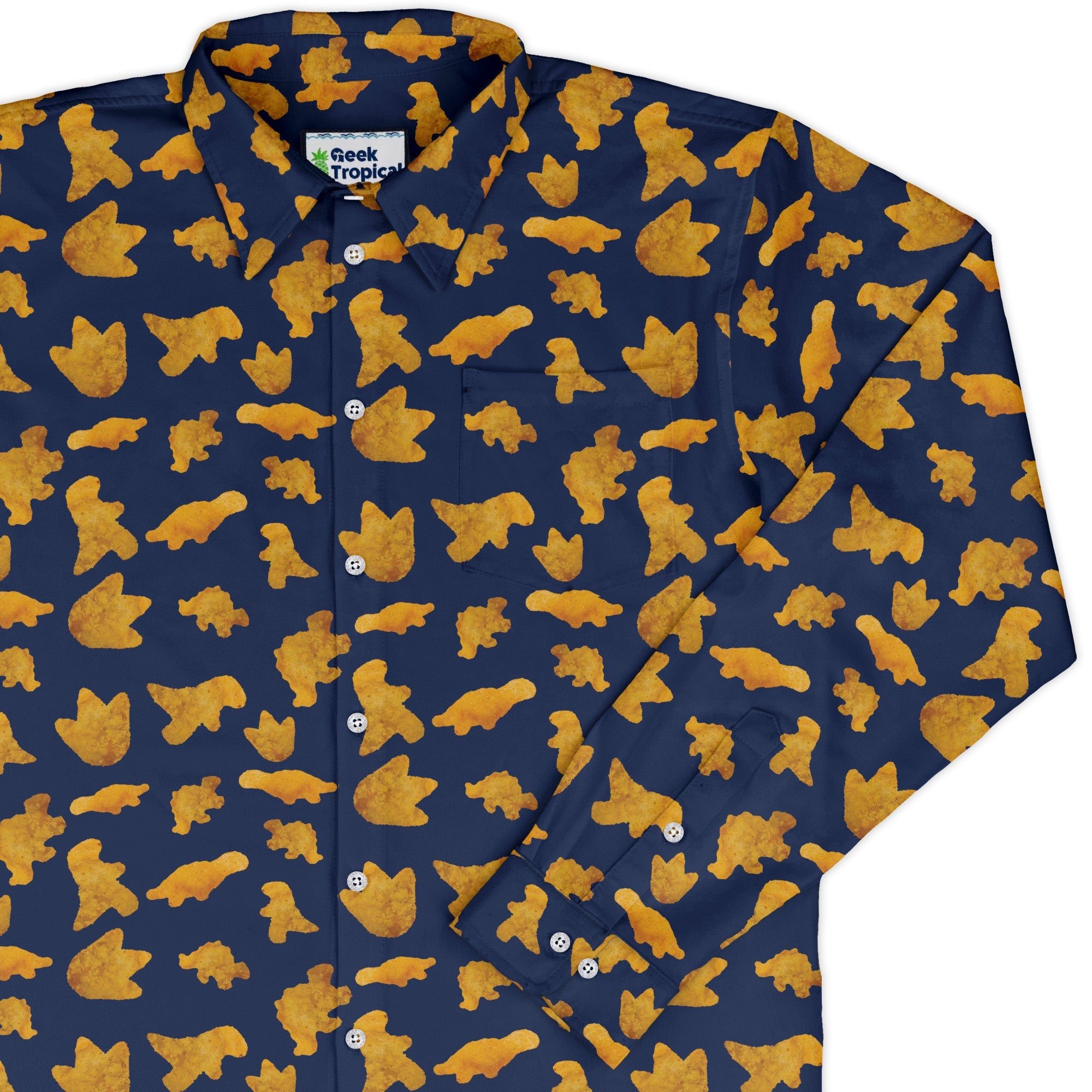 Dinosaur Chicken Nuggets Blue Long Sleeve Button Up Shirt Geek Nerd adult sizing All Adult Button Up Shirts Design by Random Galaxy