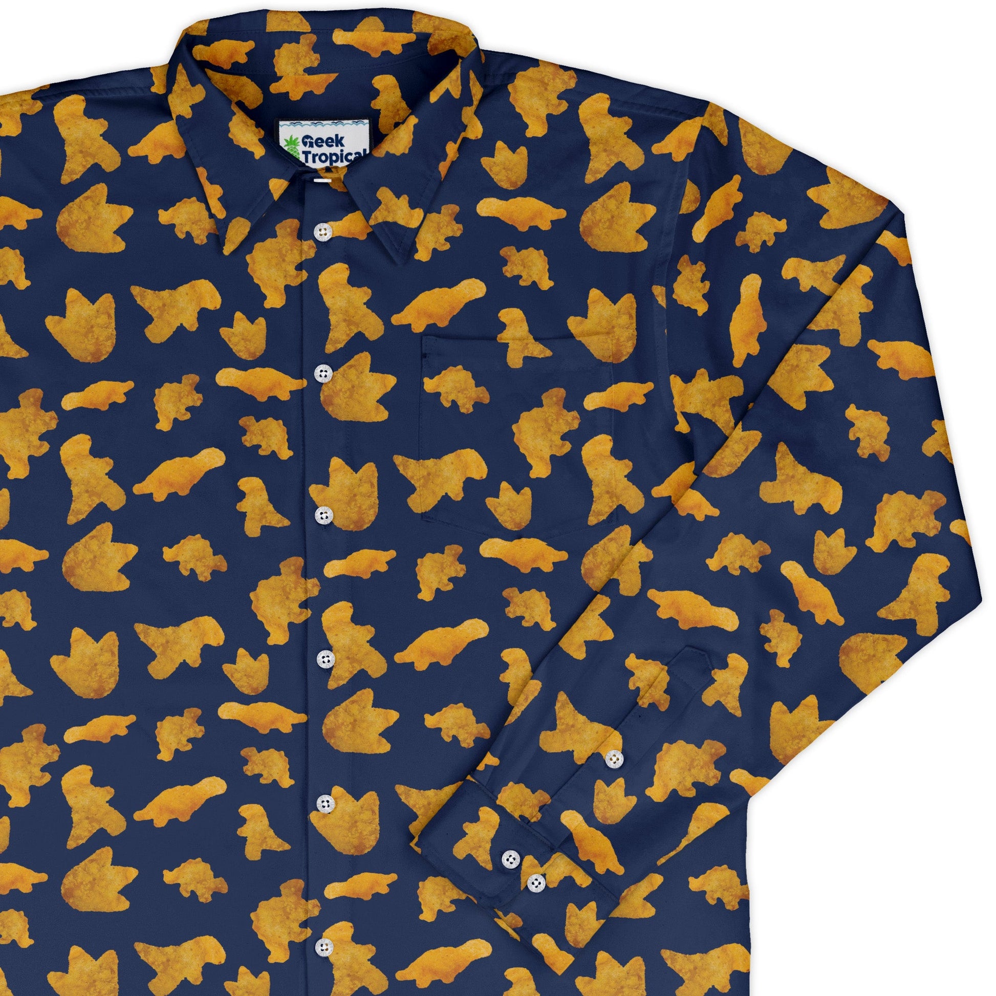 Dinosaur Chicken Nuggets Blue Long Sleeve Button Up Shirt Geek Nerd adult sizing All Adult Button Up Shirts Design by Random Galaxy