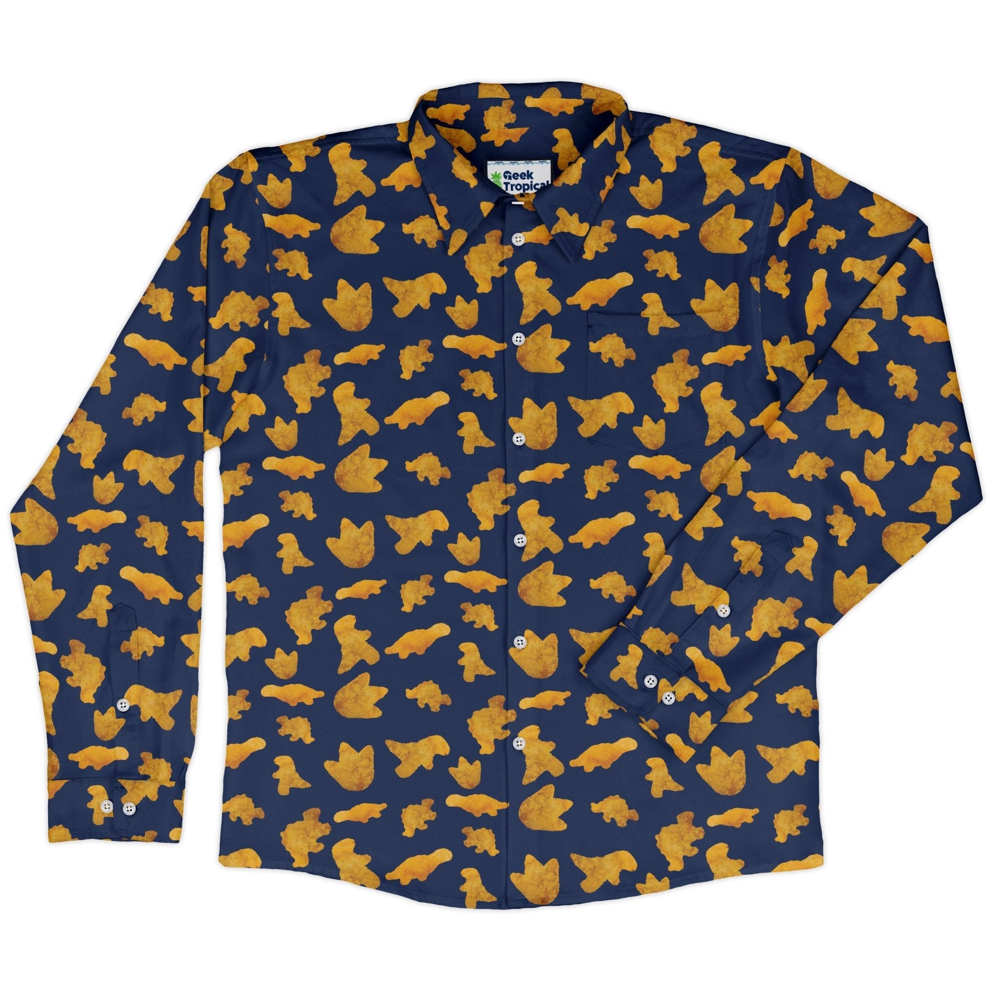 Dinosaur Chicken Nuggets Blue Long Sleeve Button Up Shirt Geek Nerd adult sizing All Adult Button Up Shirts Design by Random Galaxy