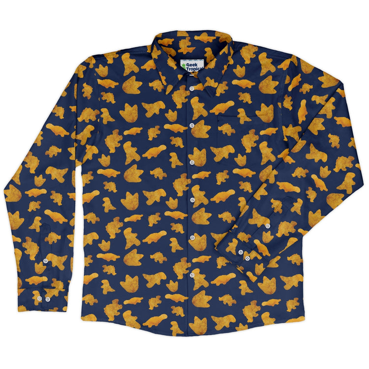 Dinosaur Chicken Nuggets Blue Long Sleeve Button Up Shirt Geek Nerd adult sizing All Adult Button Up Shirts Design by Random Galaxy