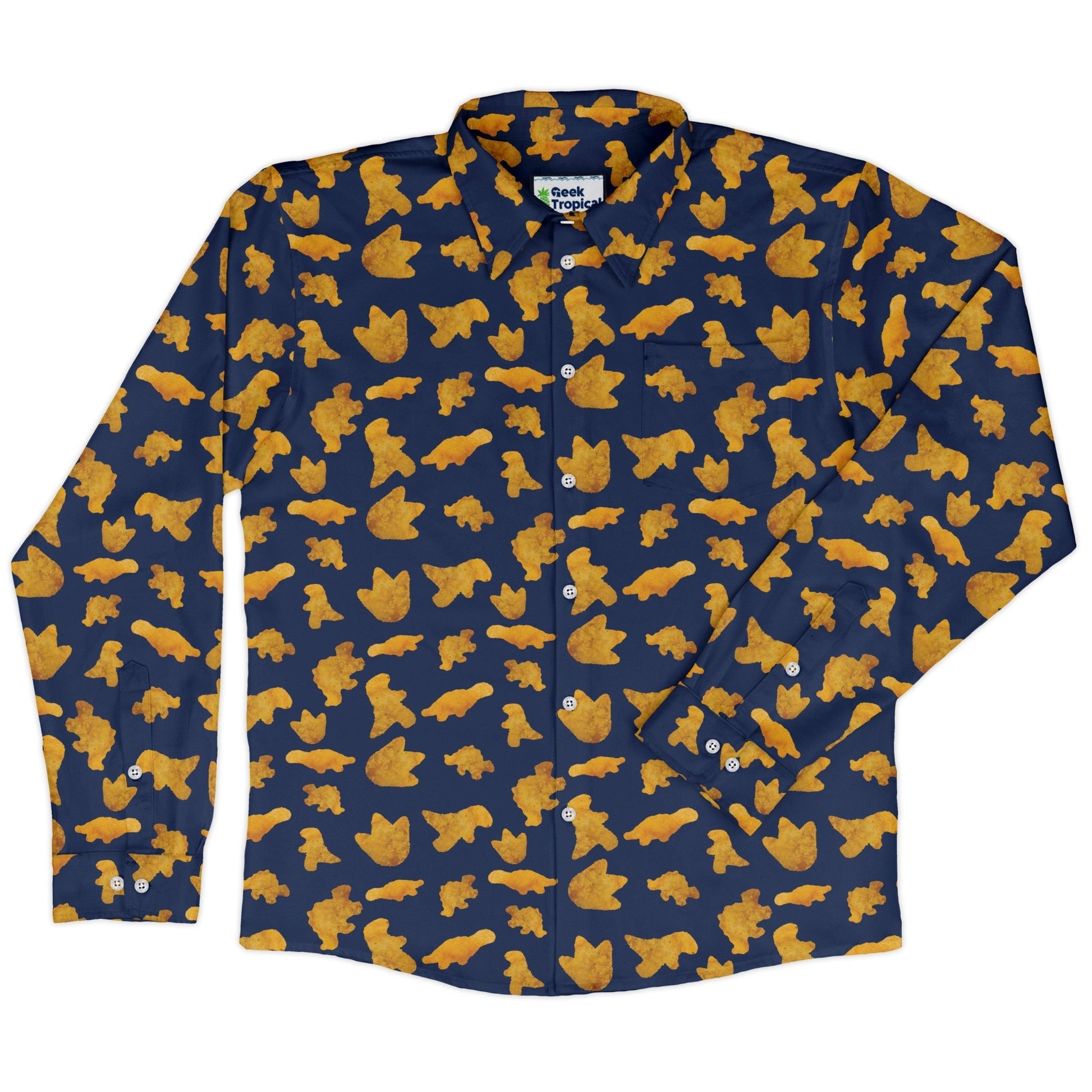 Dinosaur Chicken Nuggets Blue Long Sleeve Button Up Shirt Geek Nerd adult sizing All Adult Button Up Shirts Design by Random Galaxy