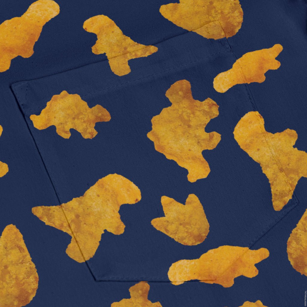 Dinosaur Chicken Nuggets Blue Long Sleeve Button Up Shirt Geek Nerd adult sizing All Adult Button Up Shirts Design by Random Galaxy
