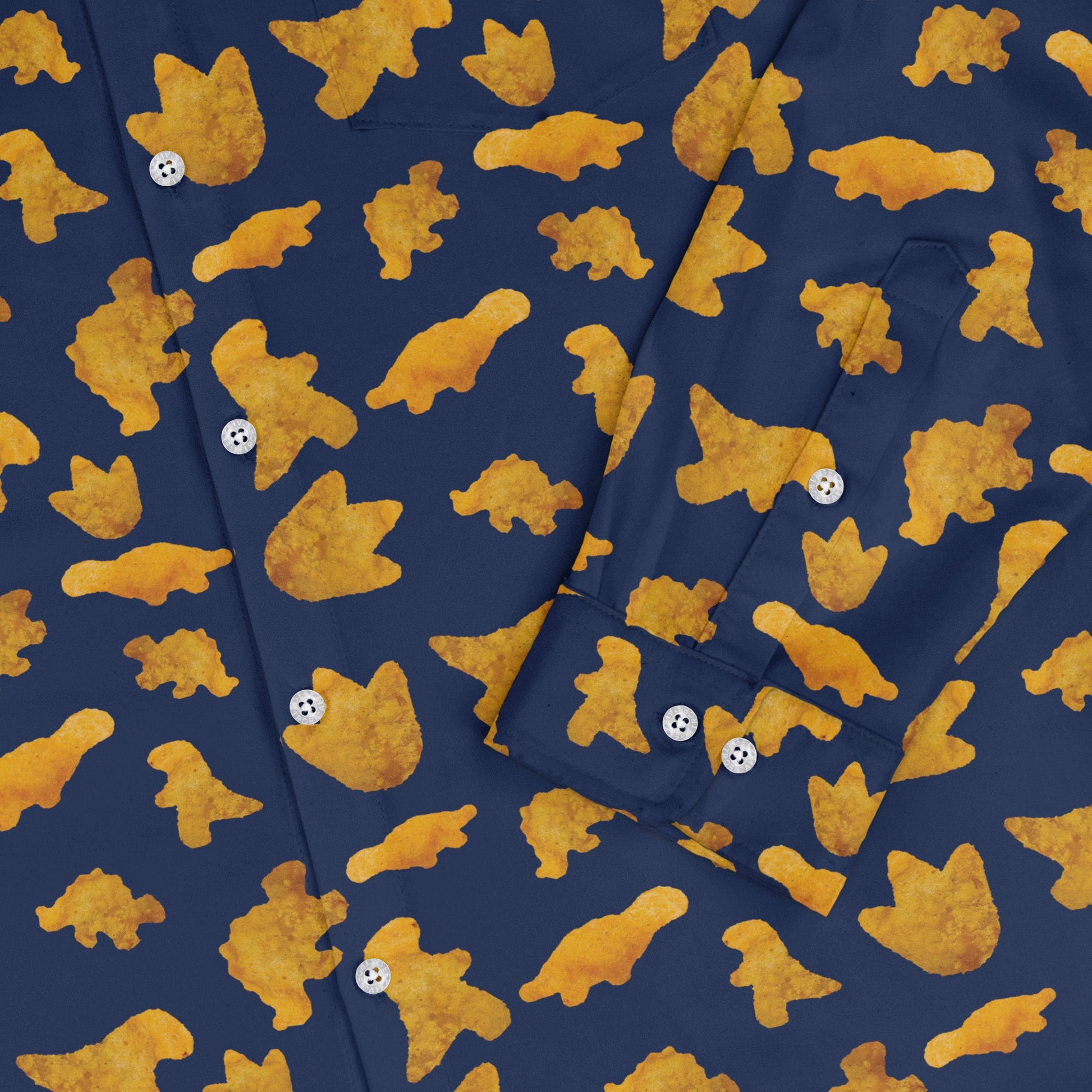 Dinosaur Chicken Nuggets Blue Long Sleeve Button Up Shirt Geek Nerd adult sizing All Adult Button Up Shirts Design by Random Galaxy