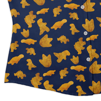 Dinosaur Chicken Nuggets Blue Curvy Button Up Shirt Geek Nerd Design by Random Galaxy dinosaur print women