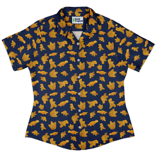 Clearance Ready - to - Ship Dinosaur Chicken Nuggets Blue Curvy Button Up Shirt Geek Nerd All Adult Button Up Shirts Animal Patterns Clearance