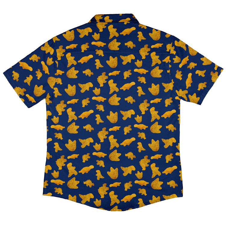 Ready - to - Ship Dinosaur Chicken Nuggets Blue Button Up Shirt Geek Nerd adult sizing Design by Random Galaxy dinosaur print