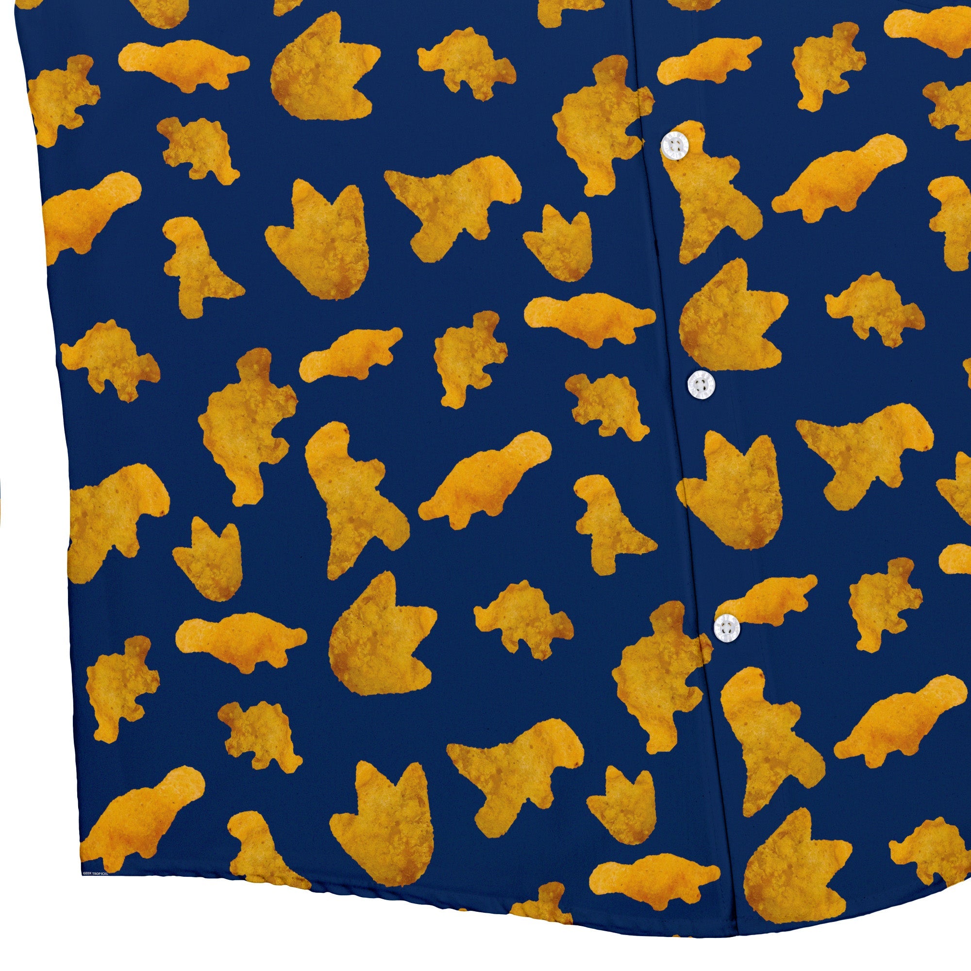 Ready - to - Ship Dinosaur Chicken Nuggets Blue Button Up Shirt Geek Nerd adult sizing Design by Random Galaxy dinosaur print