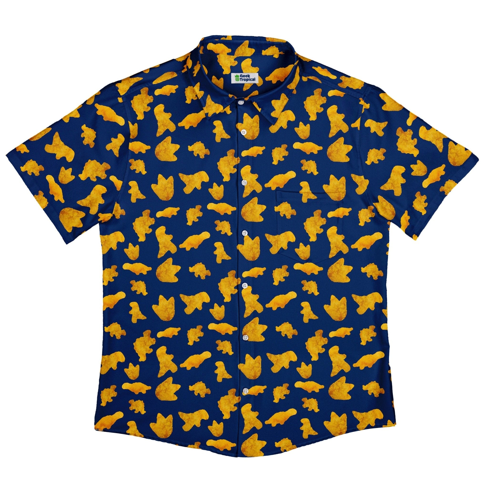 Dinosaur Chicken Nuggets Blue Button Up Shirt - adult sizing - Design by Random Galaxy - dinosaur print