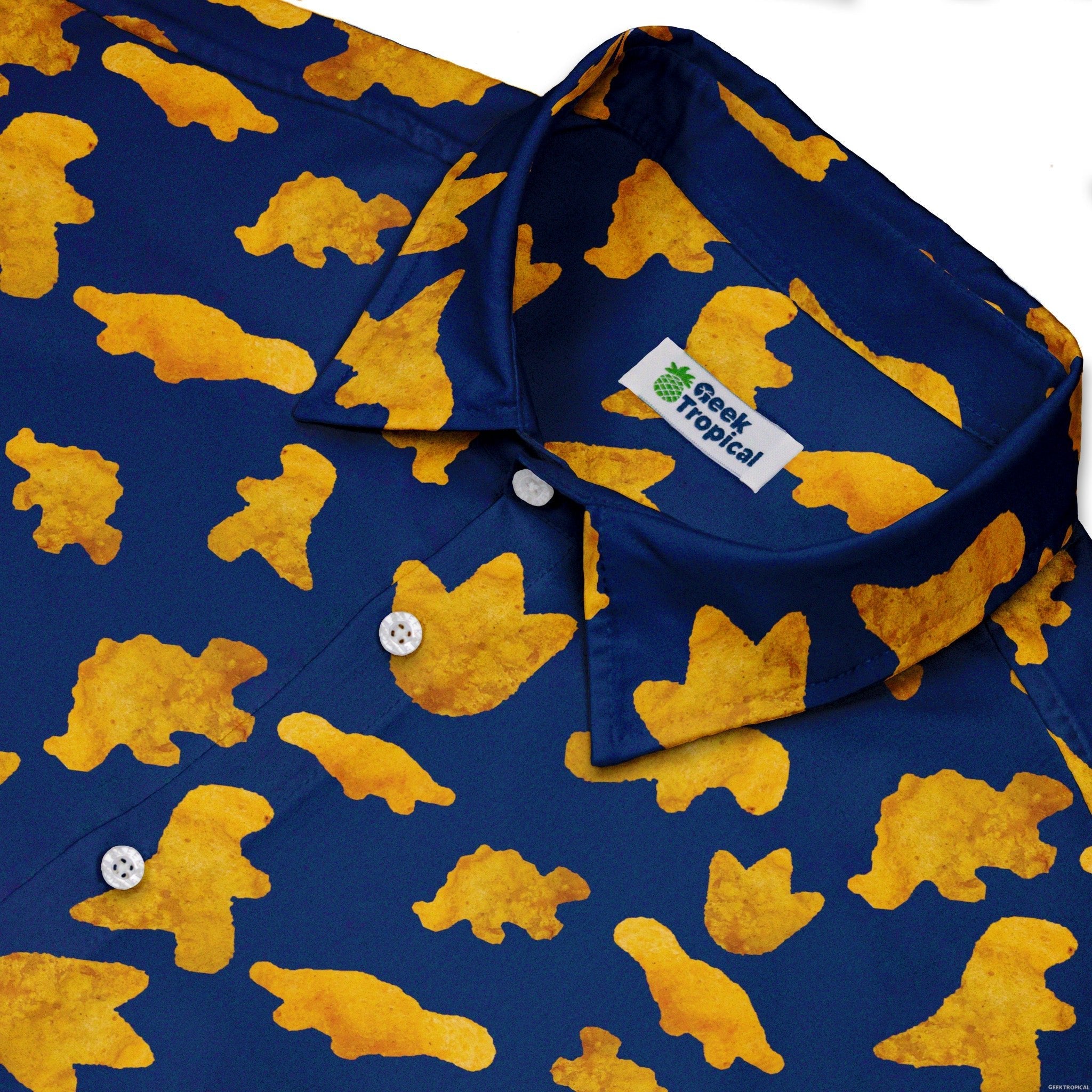 Ready - to - Ship Dinosaur Chicken Nuggets Blue Button Up Shirt Geek Nerd adult sizing Design by Random Galaxy dinosaur print