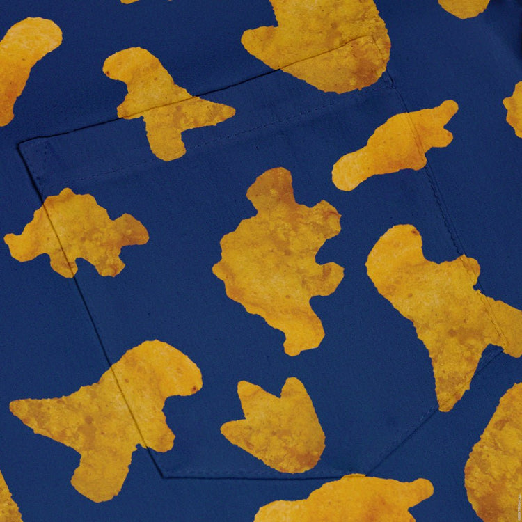 Dinosaur Chicken Nuggets Blue Button Up Shirt - adult sizing - Design by Random Galaxy - dinosaur print