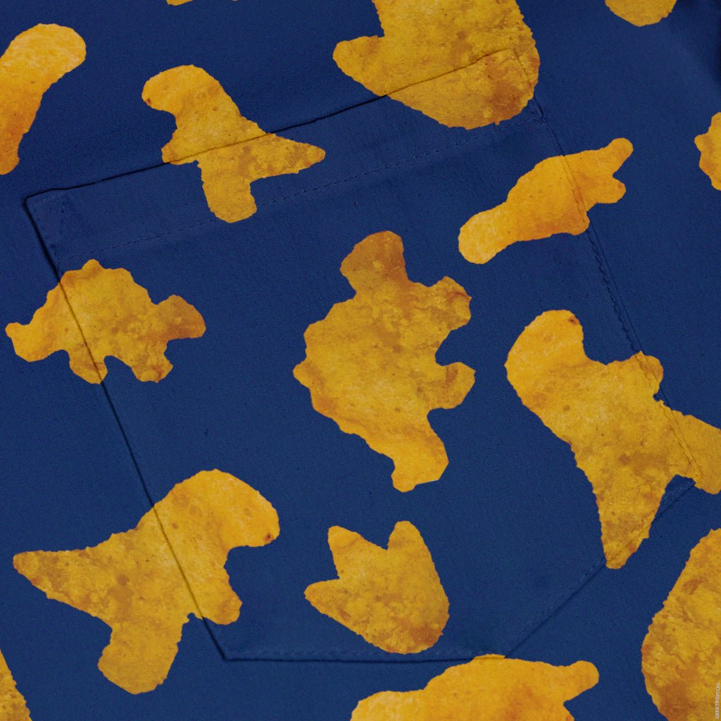 Dinosaur Chicken Nuggets Blue Button Up Shirt - adult sizing - Design by Random Galaxy - dinosaur print