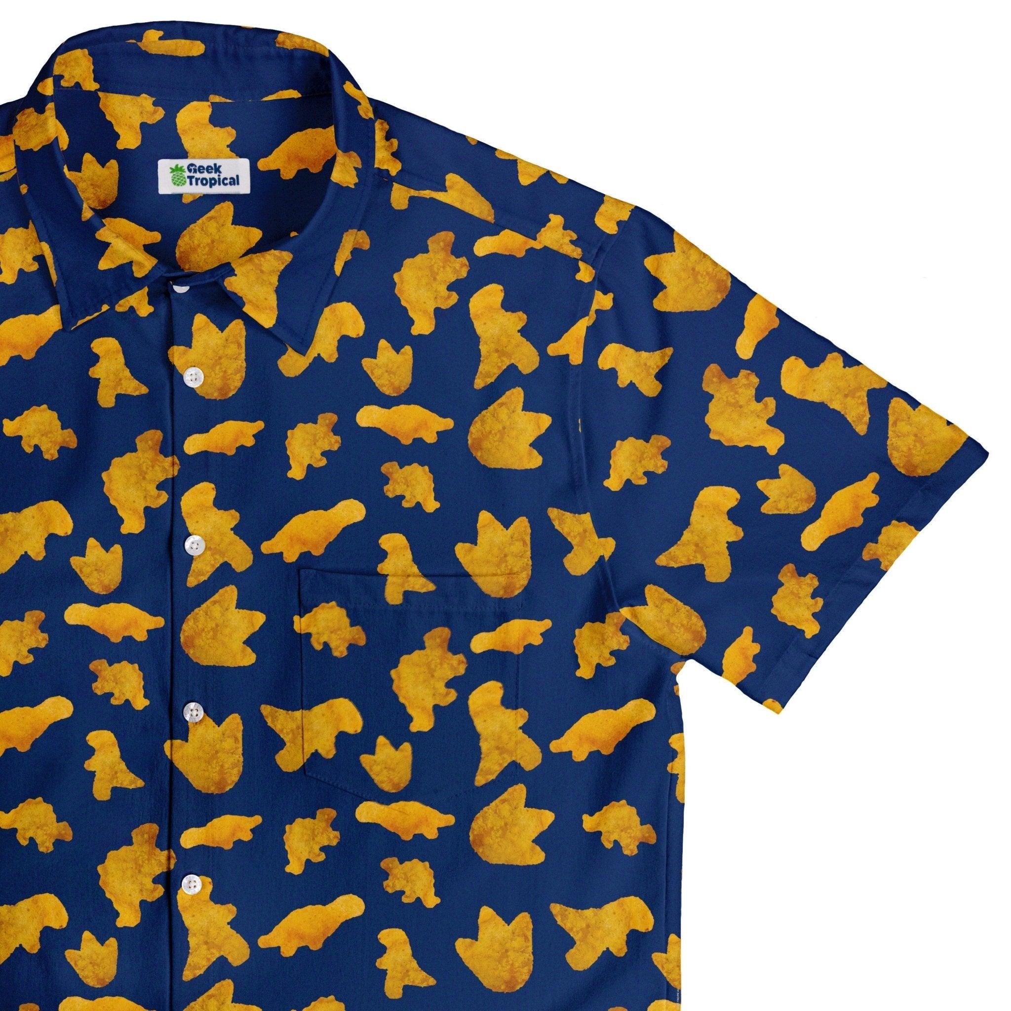 Clearance Ready - to - Ship Dinosaur Chicken Nuggets Blue Button Up Shirt Geek Nerd adult sizing Clearance Design by Random Galaxy