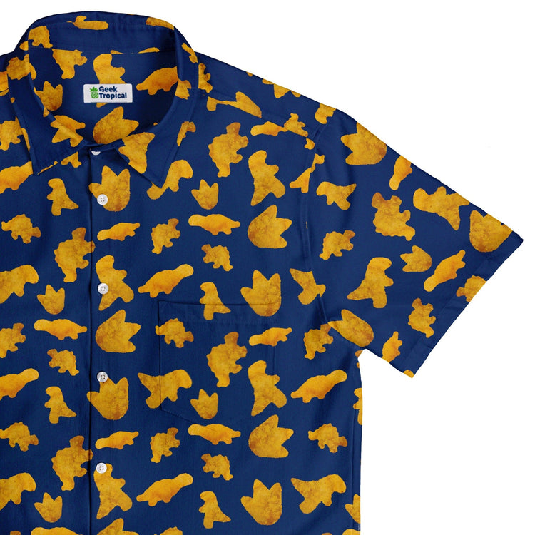 Ready - to - Ship Dinosaur Chicken Nuggets Blue Button Up Shirt Geek Nerd adult sizing Design by Random Galaxy dinosaur print