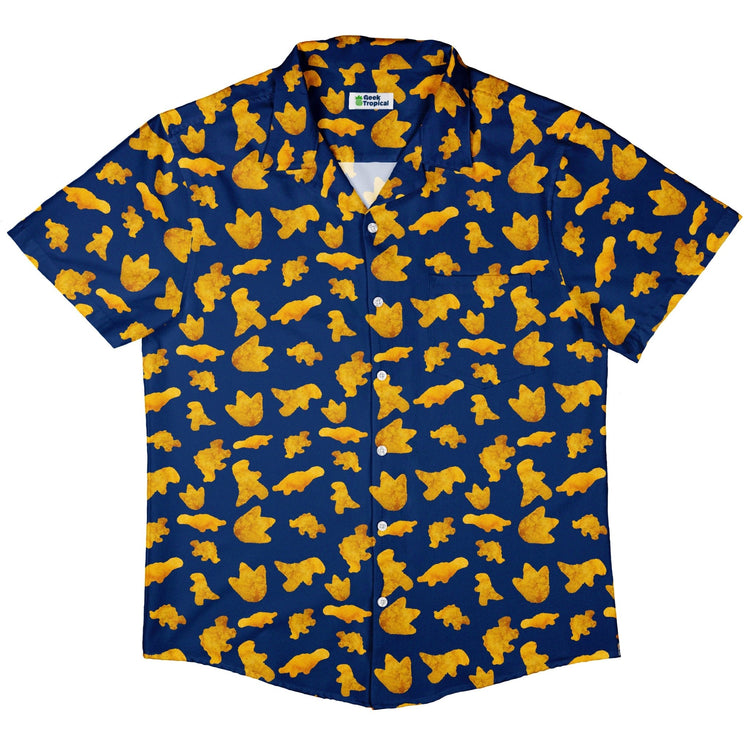 Ready - to - Ship Dinosaur Chicken Nuggets Blue Button Up Shirt Geek Nerd adult sizing Design by Random Galaxy dinosaur print