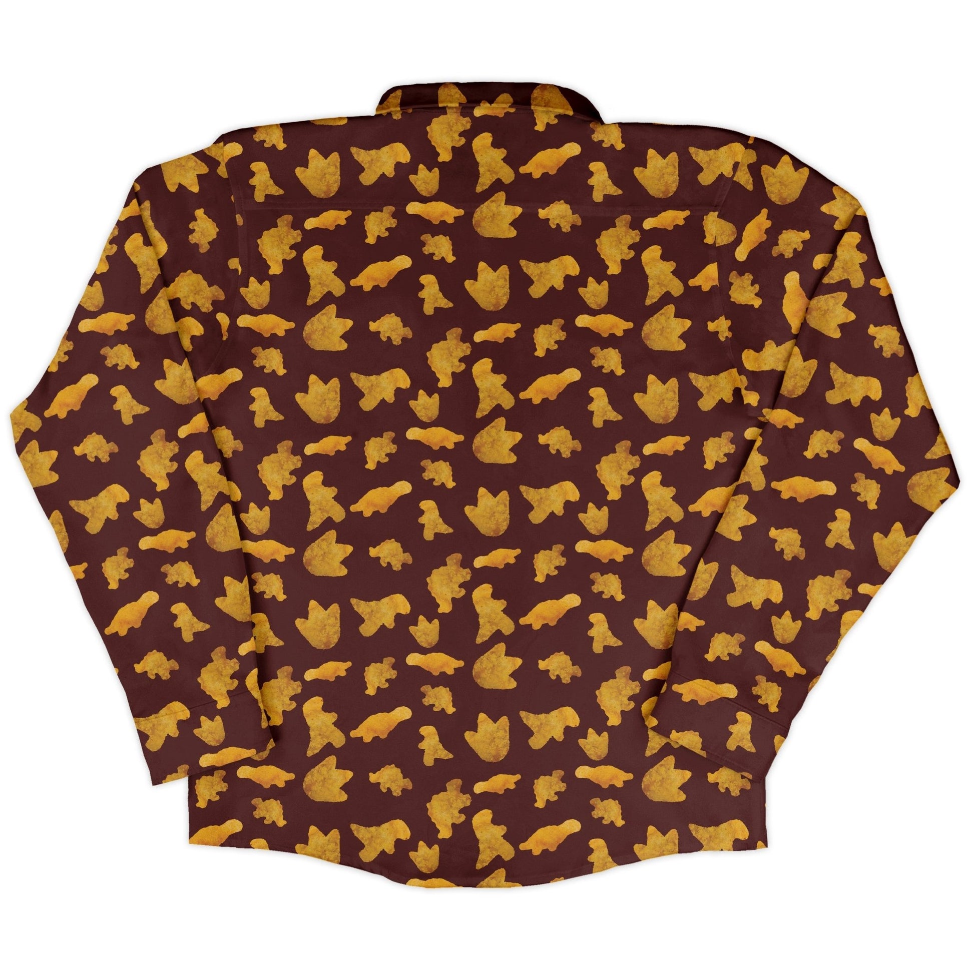 Dinosaur Chicken Nuggets Red Long Sleeve Button Up Shirt Geek Nerd adult sizing Design by Random Galaxy dinosaur print
