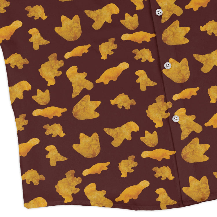 Dinosaur Chicken Nuggets Red Long Sleeve Button Up Shirt Geek Nerd adult sizing Design by Random Galaxy dinosaur print