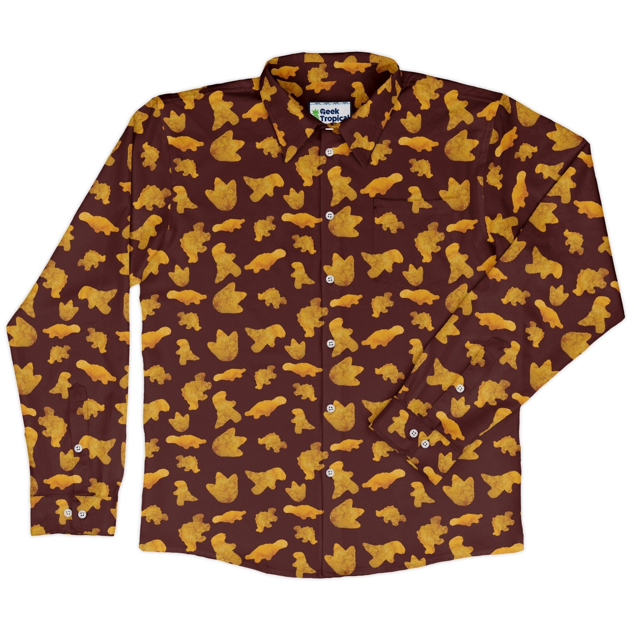 Dinosaur Chicken Nuggets Red Long Sleeve Button Up Shirt Geek Nerd adult sizing Design by Random Galaxy dinosaur print