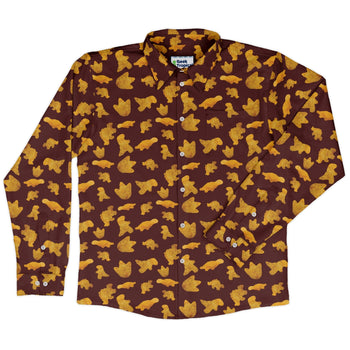 Dinosaur Chicken Nuggets Red Long Sleeve Button Up Shirt Geek Nerd adult sizing Design by Random Galaxy dinosaur print