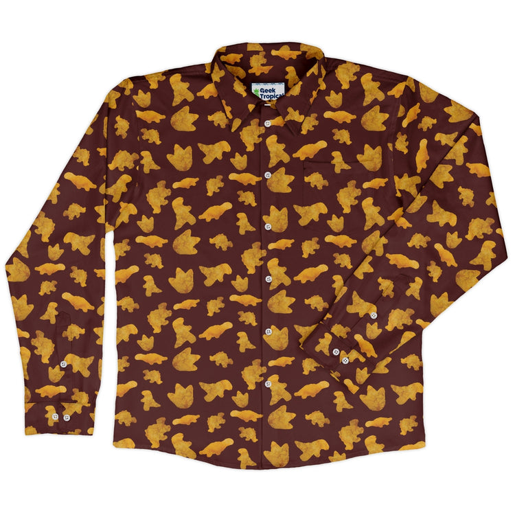 Dinosaur Chicken Nuggets Red Long Sleeve Button Up Shirt Geek Nerd adult sizing Design by Random Galaxy dinosaur print
