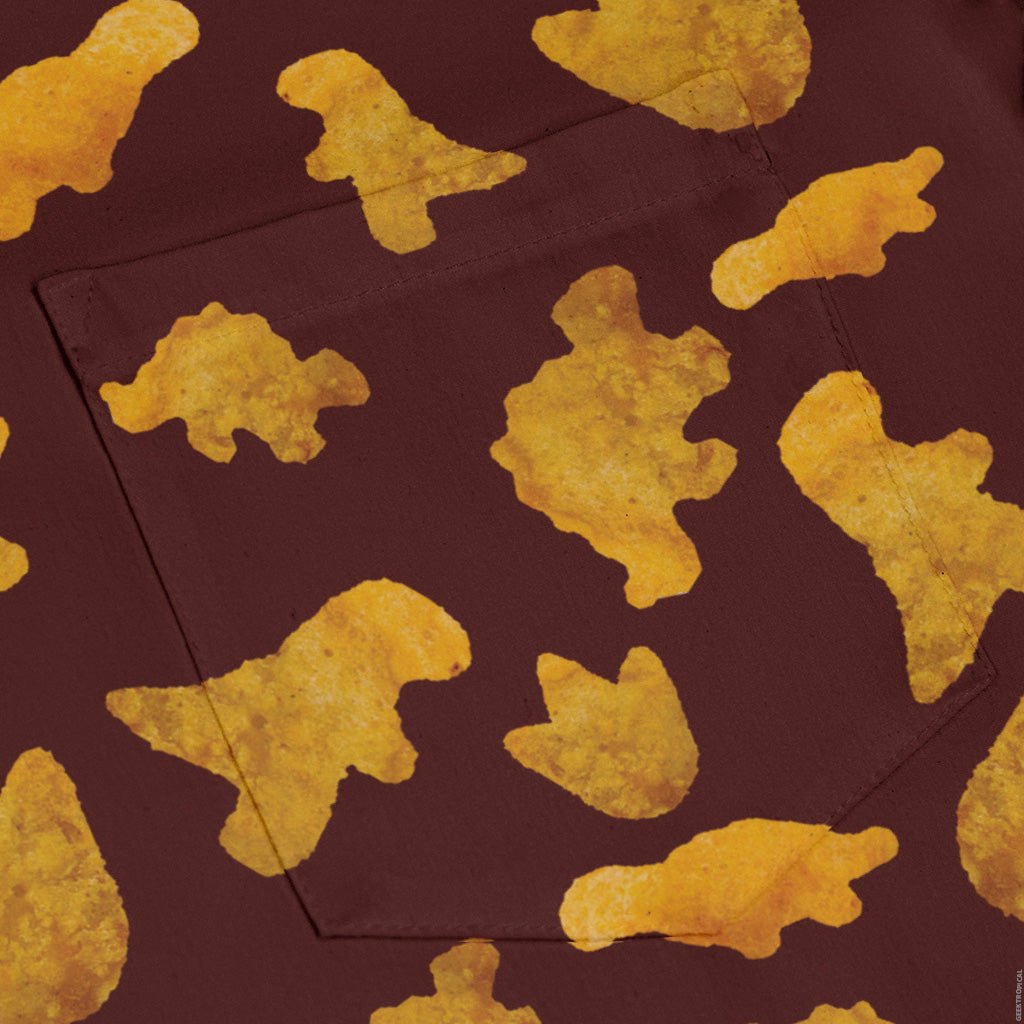 Dinosaur Chicken Nuggets Red Long Sleeve Button Up Shirt Geek Nerd adult sizing Design by Random Galaxy dinosaur print