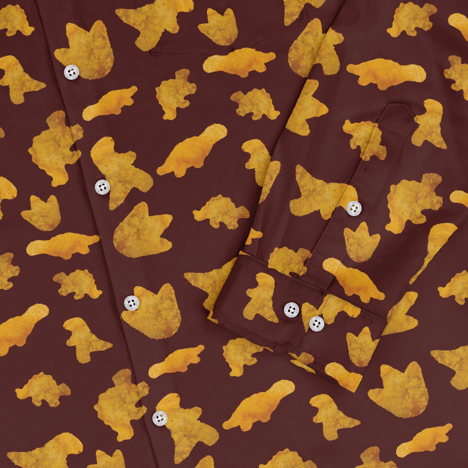 Dinosaur Chicken Nuggets Red Long Sleeve Button Up Shirt Geek Nerd adult sizing Design by Random Galaxy dinosaur print