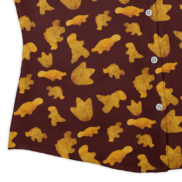 Dinosaur Chicken Nuggets Red Curvy Button Up Shirt Geek Nerd Design by Random Galaxy dinosaur print women