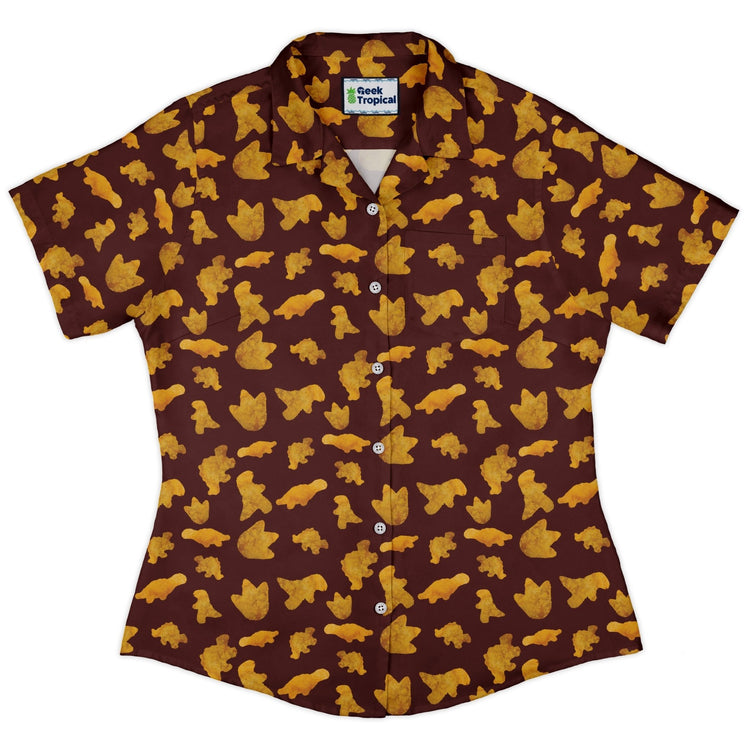 Dinosaur Chicken Nuggets Red Curvy Button Up Shirt Geek Nerd Design by Random Galaxy dinosaur print women