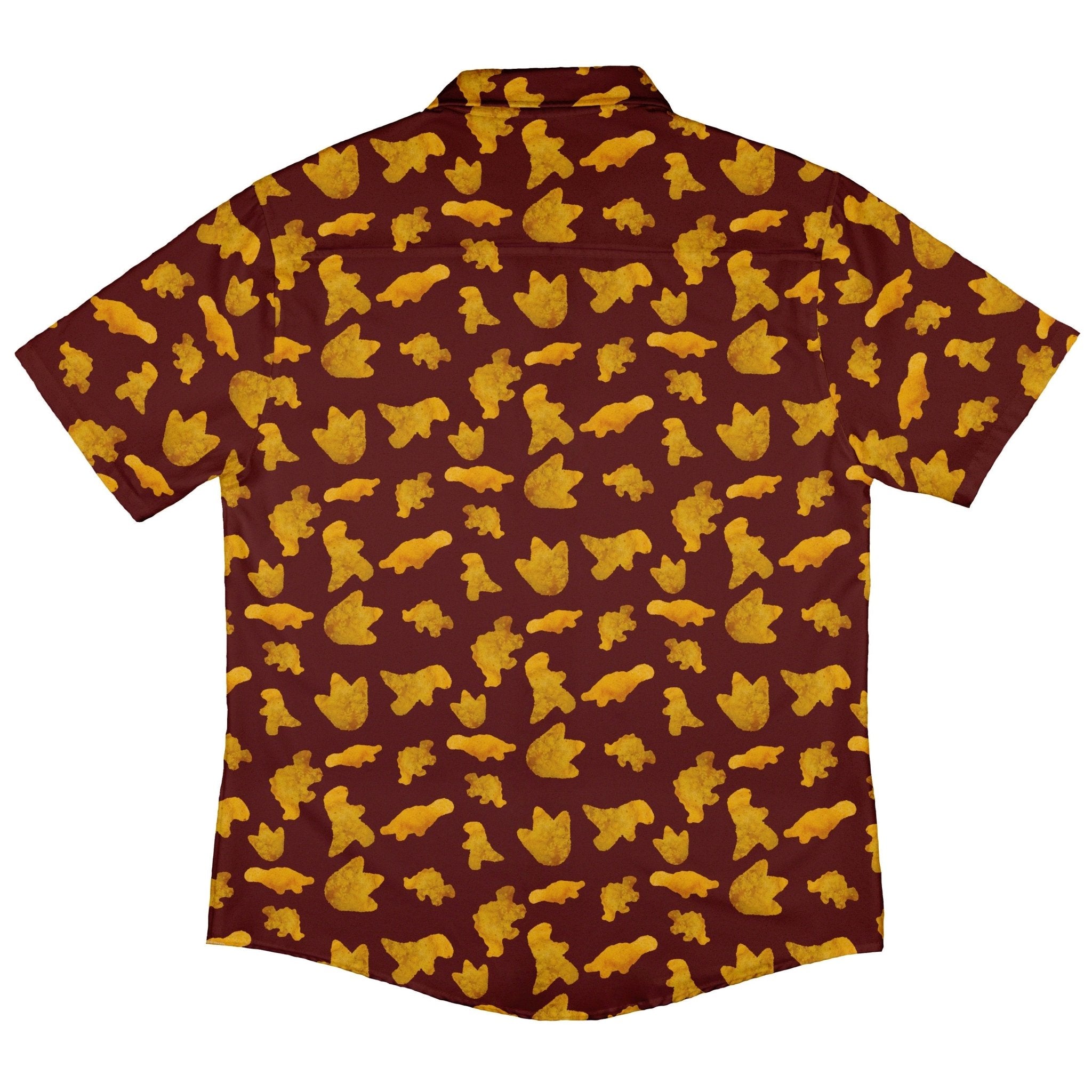 Dinosaur Chicken Nuggets Red Button Up Shirt - adult sizing - Design by Random Galaxy - dinosaur print