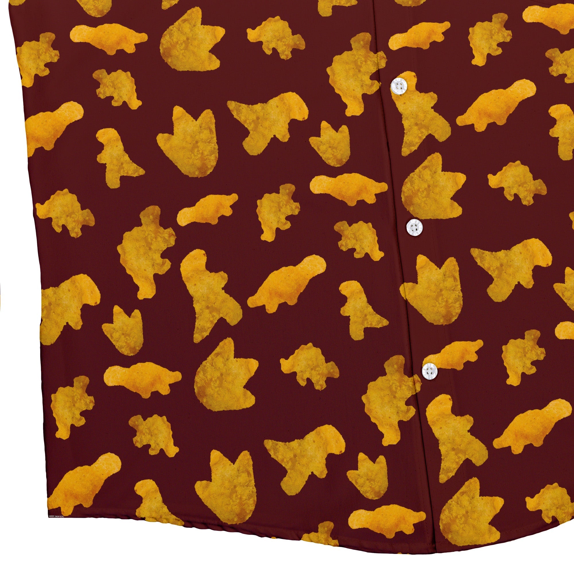 Dinosaur Chicken Nuggets Red Button Up Shirt - adult sizing - Design by Random Galaxy - dinosaur print