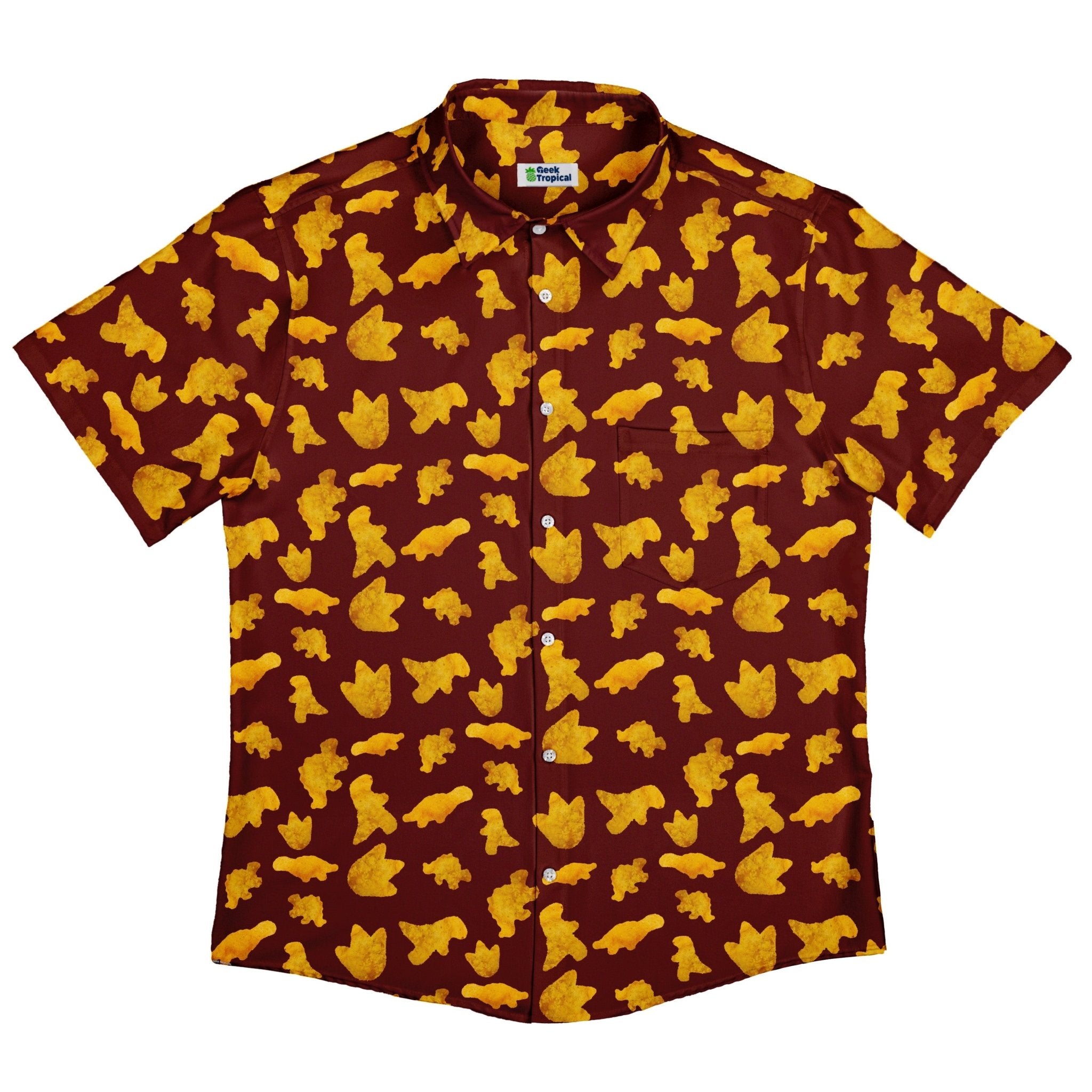 Dinosaur Chicken Nuggets Red Button Up Shirt - adult sizing - Design by Random Galaxy - dinosaur print