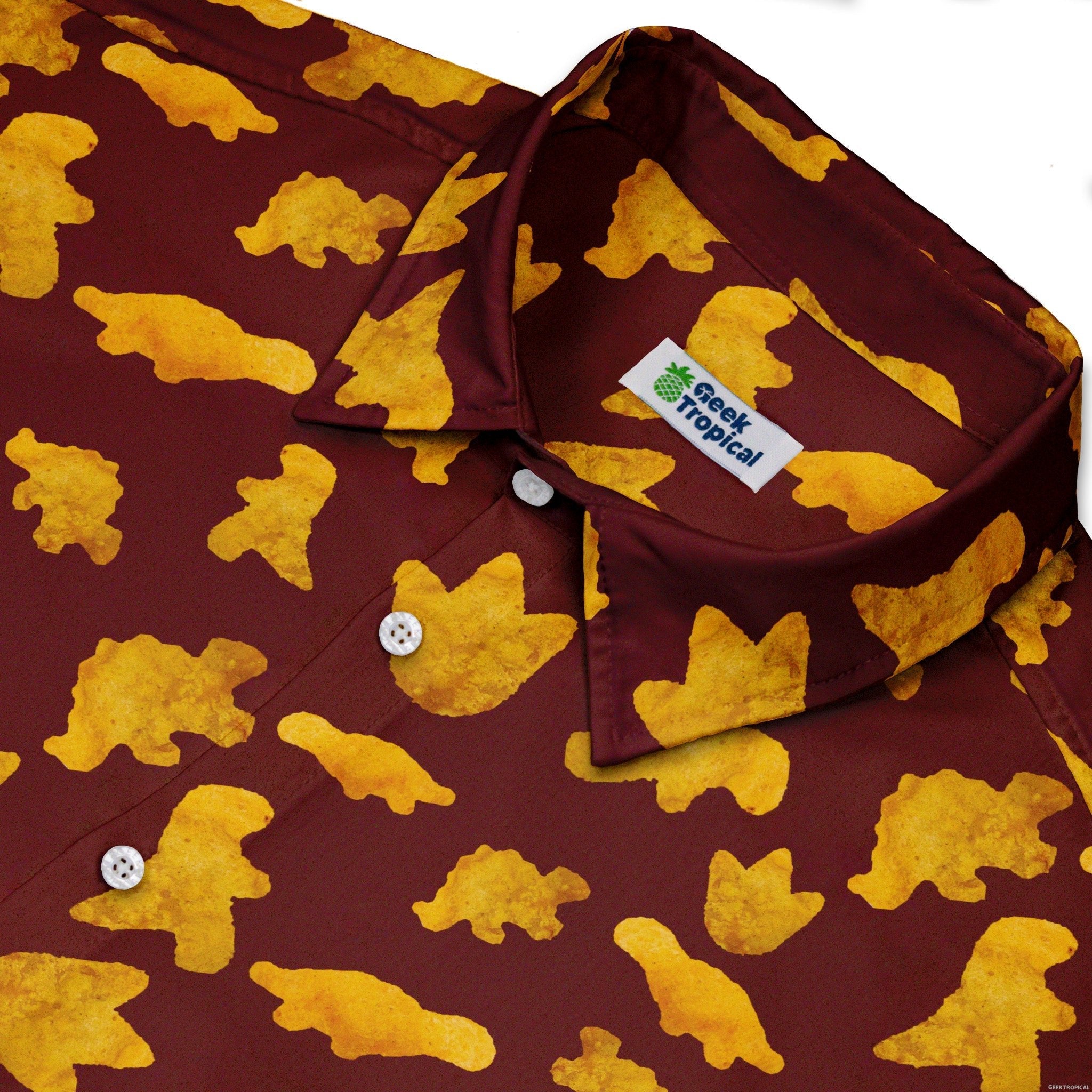 Dinosaur Chicken Nuggets Red Button Up Shirt - adult sizing - Design by Random Galaxy - dinosaur print