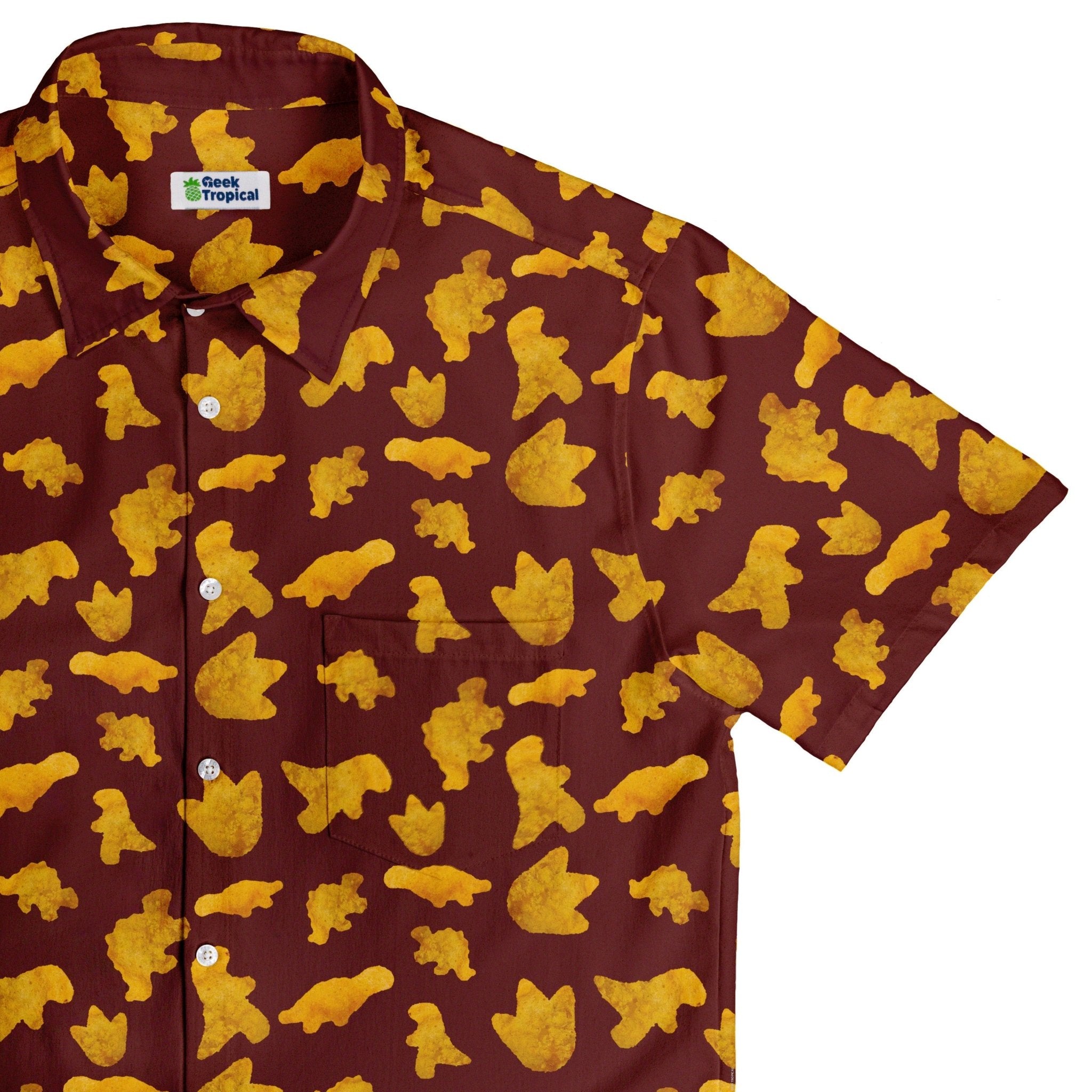 Dinosaur Chicken Nuggets Red Button Up Shirt - adult sizing - Design by Random Galaxy - dinosaur print