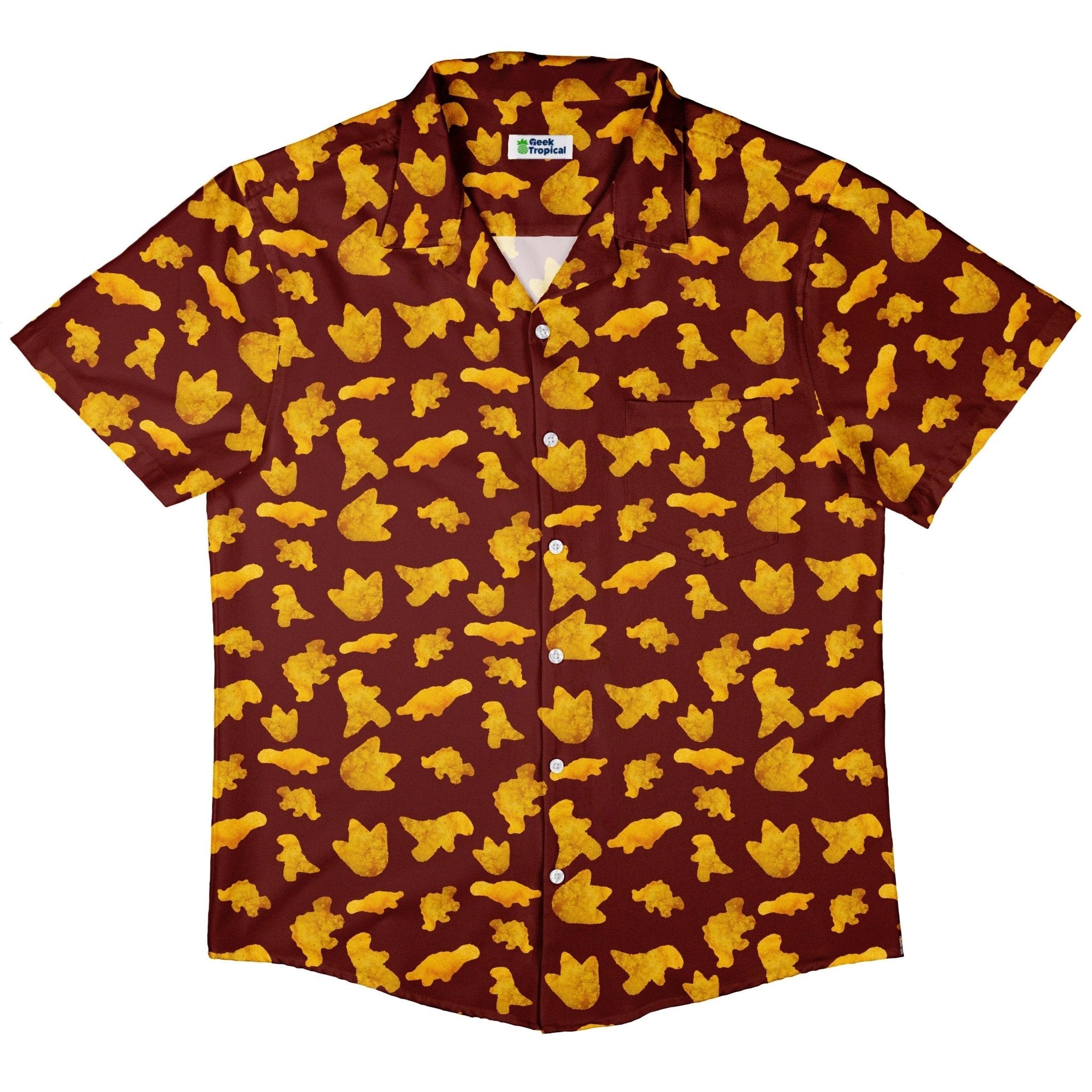 Clearance Ready - to - Ship Dinosaur Chicken Nuggets Red Button Up Shirt Geek Nerd adult sizing Clearance Design by Random Galaxy