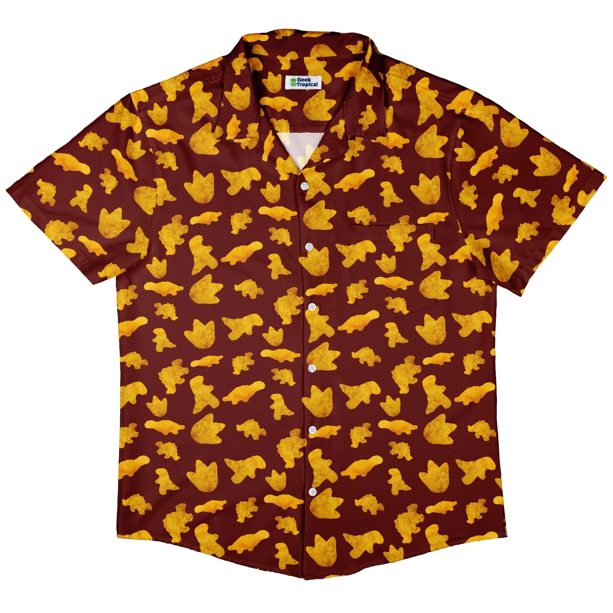 Dinosaur Chicken Nuggets Red Button Up Shirt - adult sizing - Design by Random Galaxy - dinosaur print