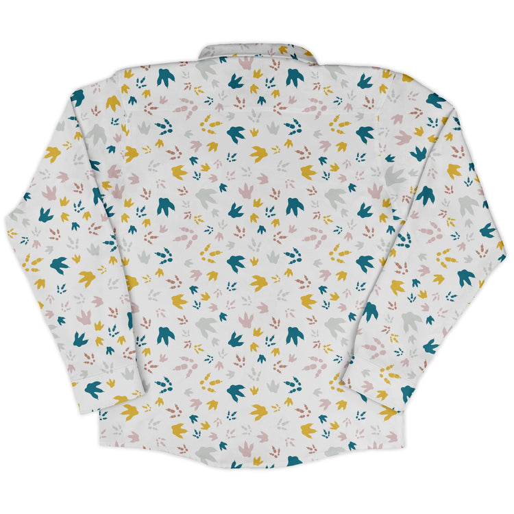 Dinosaur Footprint Tracks White Long Sleeve Button Up Shirt Geek Nerd adult sizing dinosaur print FLOW DESC WRITING