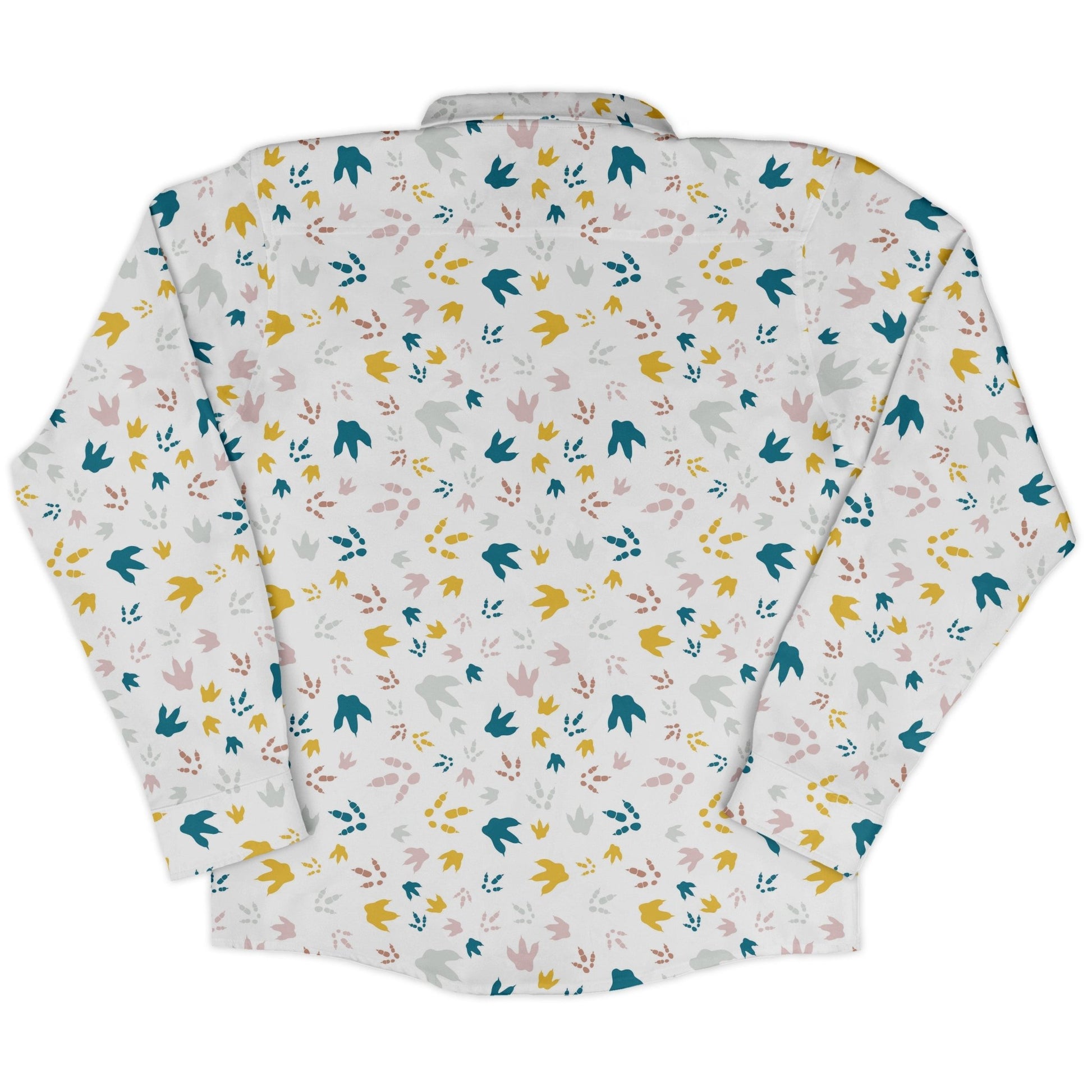 Dinosaur Footprint Tracks White Long Sleeve Button Up Shirt Geek Nerd adult sizing dinosaur print FLOW DESC WRITING