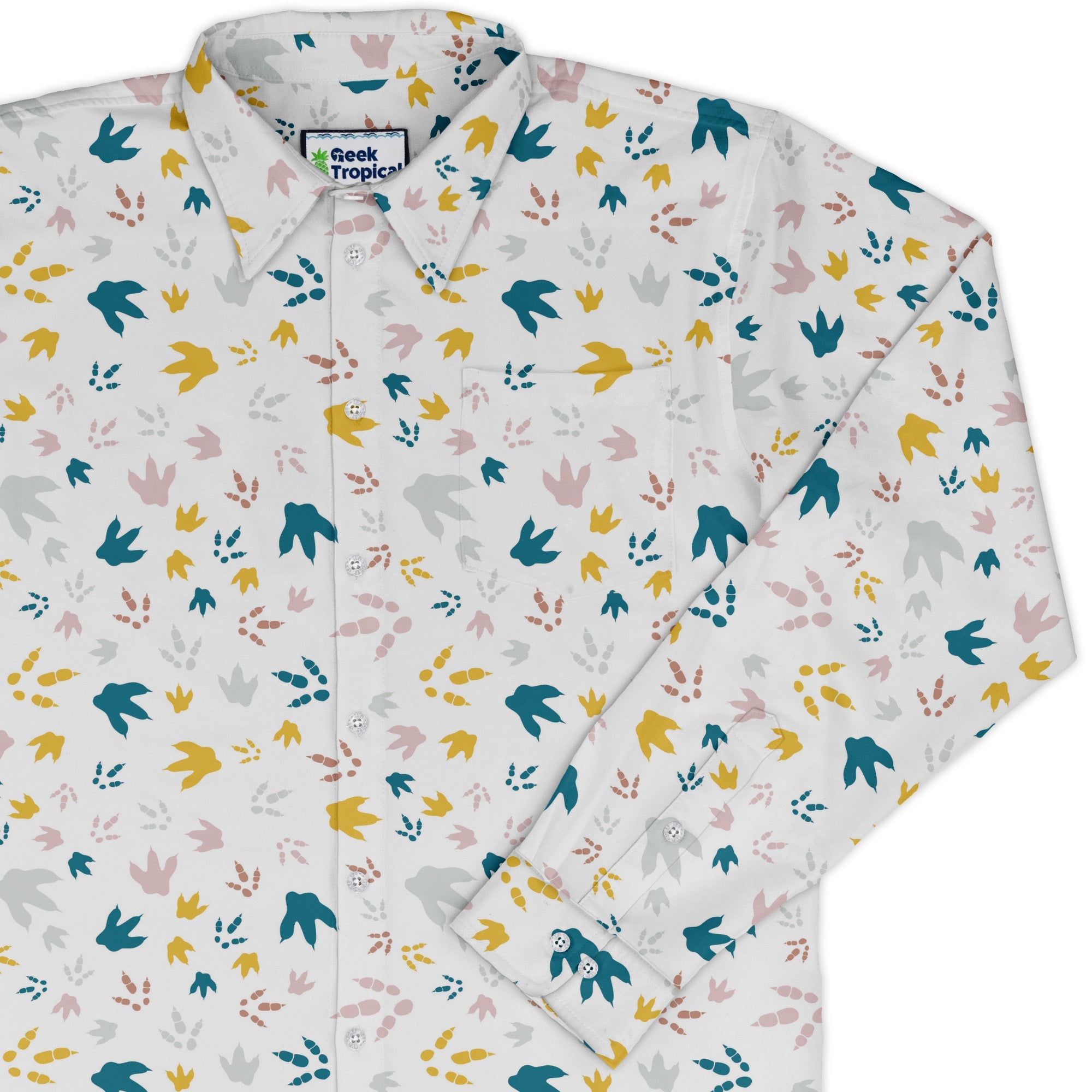 Dinosaur Footprint Tracks White Long Sleeve Button Up Shirt Geek Nerd adult sizing dinosaur print FLOW DESC WRITING