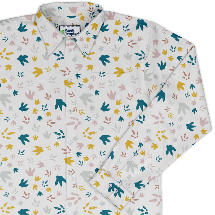 Dinosaur Footprint Tracks White Long Sleeve Button Up Shirt Geek Nerd adult sizing dinosaur print FLOW DESC WRITING