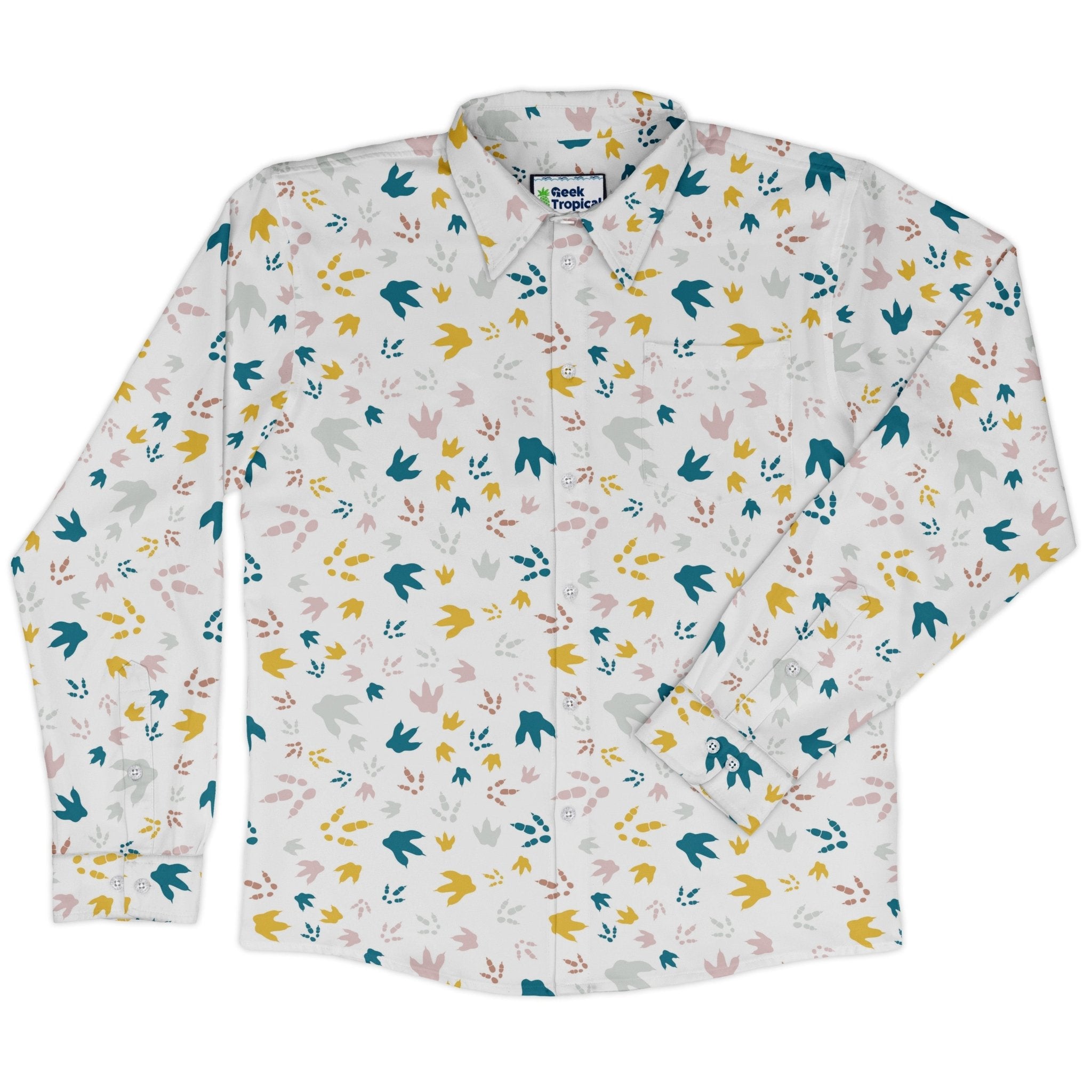 Dinosaur Footprint Tracks White Long Sleeve Button Up Shirt Geek Nerd adult sizing dinosaur print FLOW DESC WRITING
