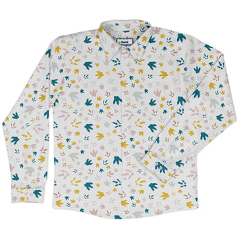 Dinosaur Footprint Tracks White Long Sleeve Button Up Shirt Geek Nerd adult sizing dinosaur print FLOW DESC WRITING