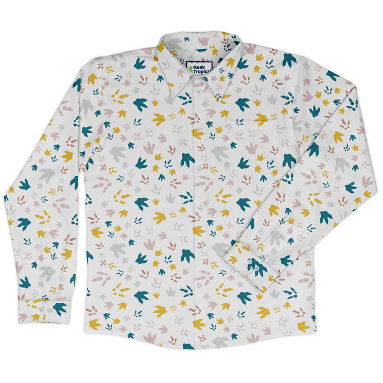 Dinosaur Footprint Tracks White Long Sleeve Button Up Shirt Geek Nerd adult sizing dinosaur print FLOW DESC WRITING