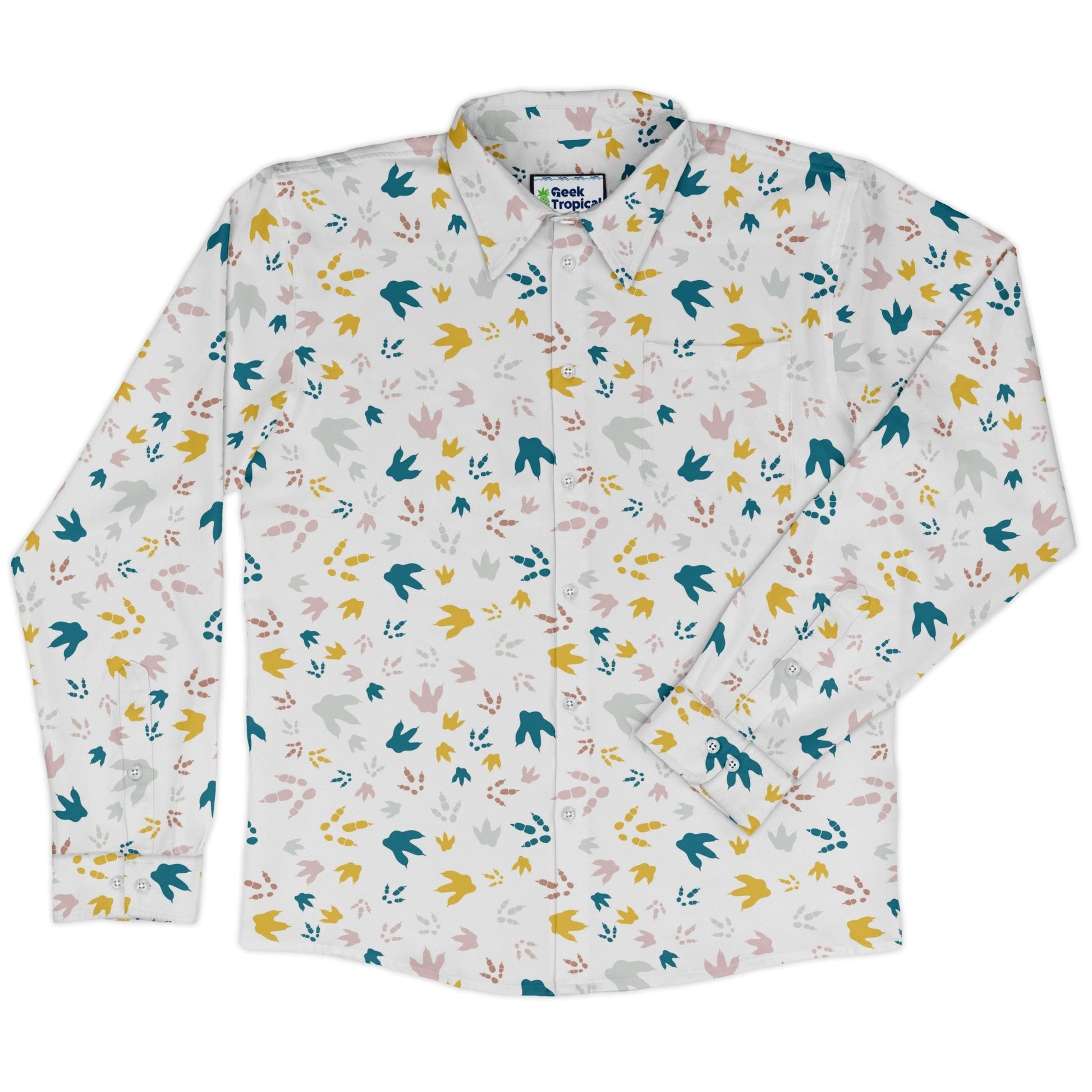 Dinosaur Footprint Tracks White Long Sleeve Button Up Shirt Geek Nerd adult sizing dinosaur print FLOW DESC WRITING
