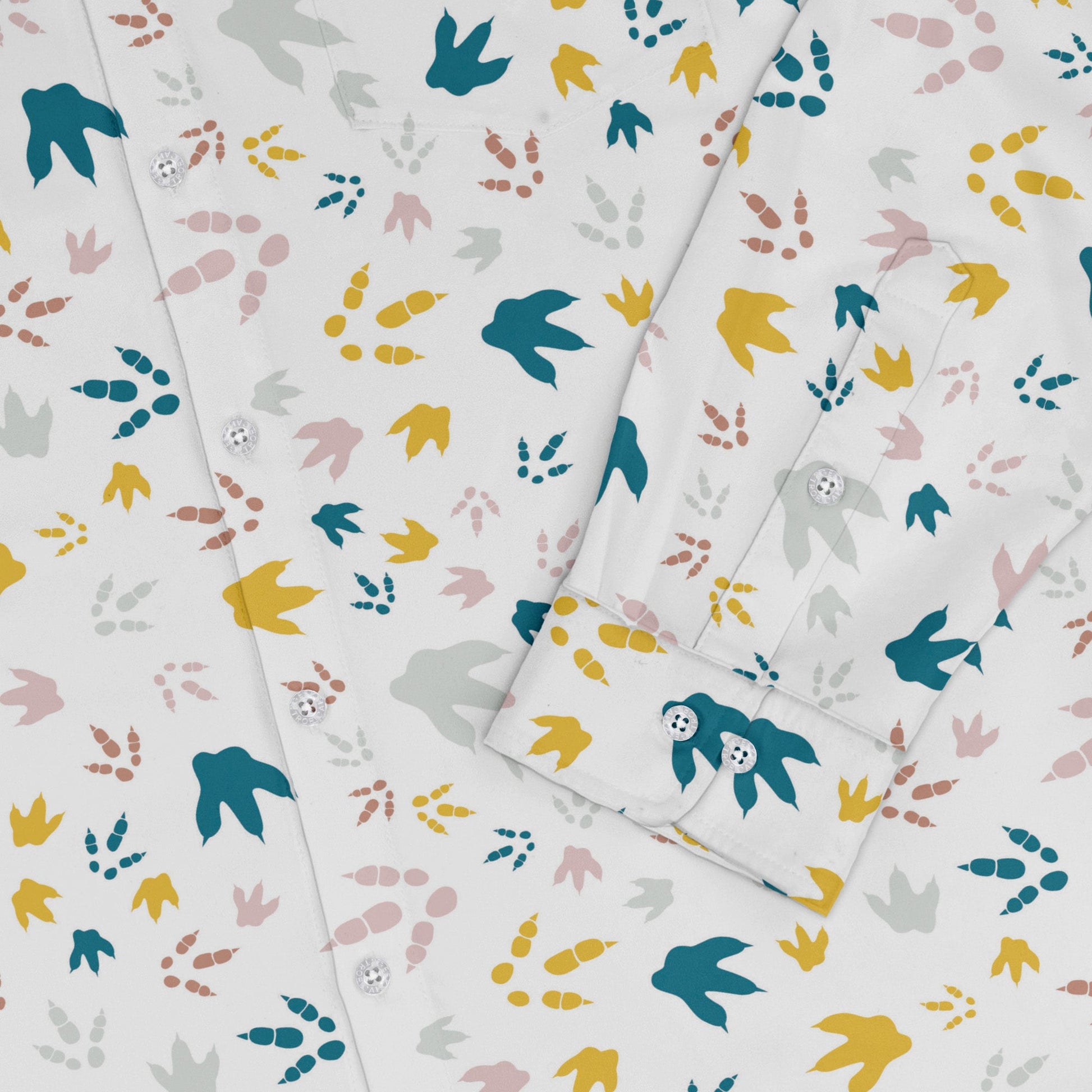 Dinosaur Footprint Tracks White Long Sleeve Button Up Shirt Geek Nerd adult sizing dinosaur print FLOW DESC WRITING