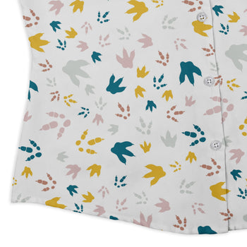 Dinosaur Footprint Tracks White Curvy Button Up Shirt Geek Nerd dinosaur print Simple Patterns women