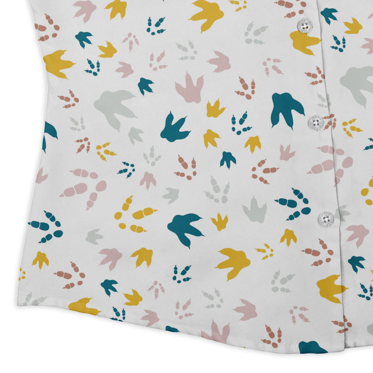 Dinosaur Footprint Tracks White Curvy Button Up Shirt Geek Nerd dinosaur print Simple Patterns women