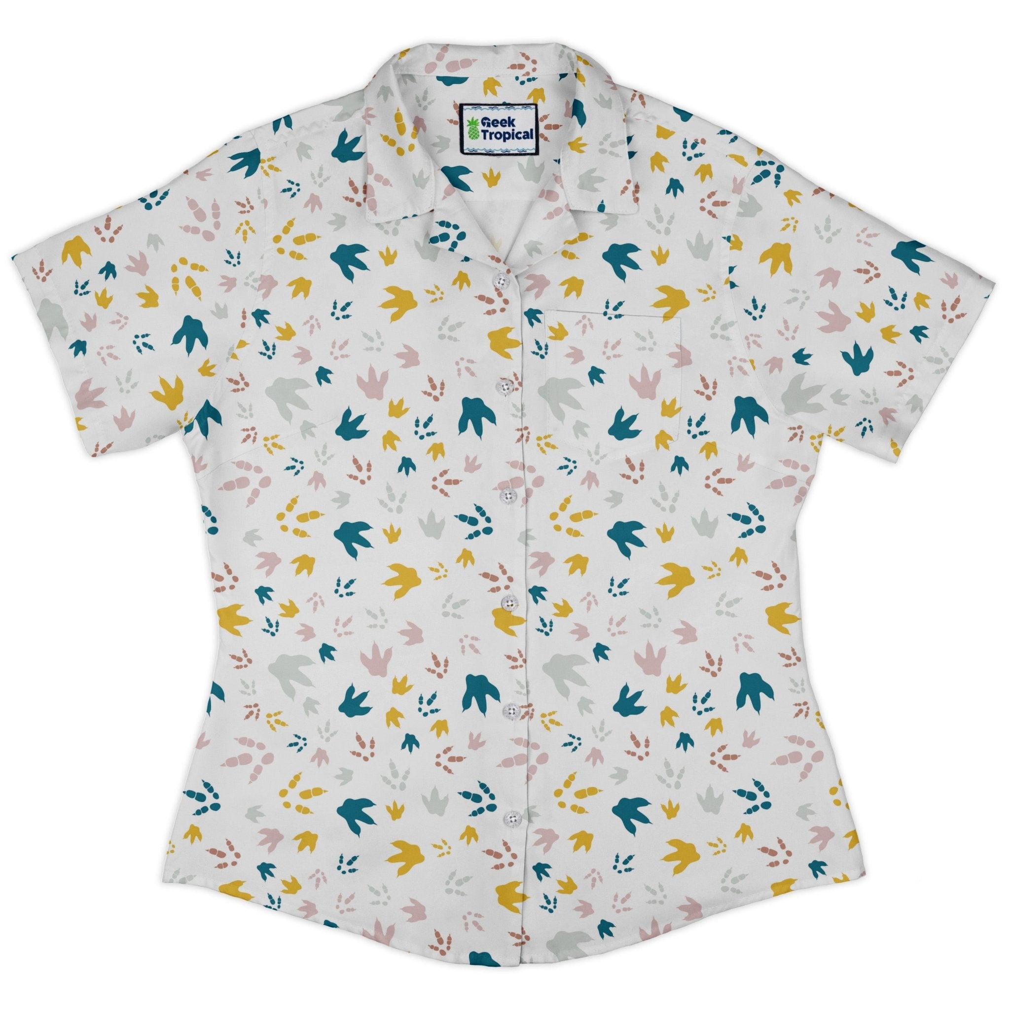 Dinosaur Footprint Tracks White Curvy Button Up Shirt Geek Nerd dinosaur print Simple Patterns women