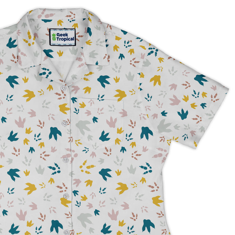 Dinosaur Footprint Tracks White Curvy Button Up Shirt Geek Nerd dinosaur print Simple Patterns women